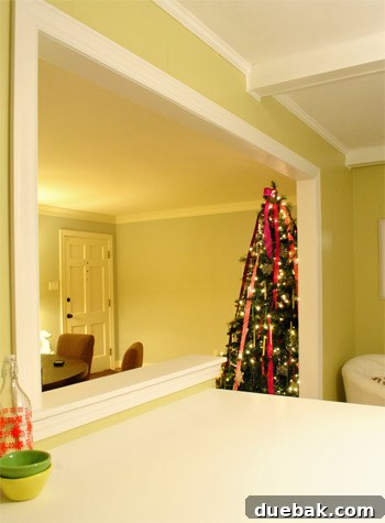 View of a Christmas tree peeking through a doorway from the kitchen.