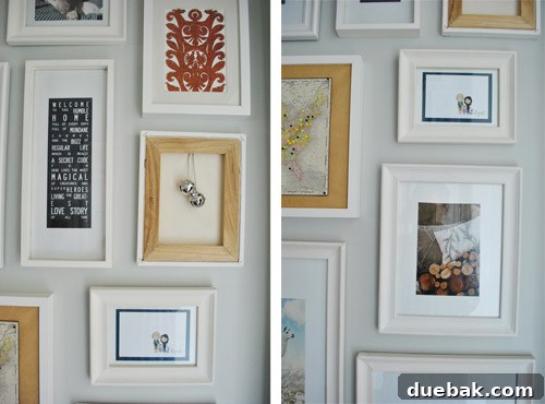 Close-up of jingle bells in a backward canvas and a framed Pottery Barn image of firewood with holiday pillows.
