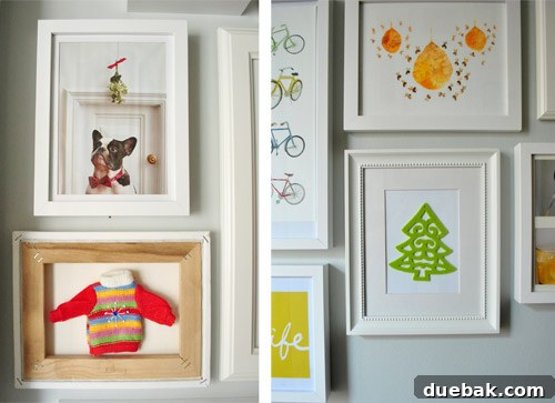 Close-up of framed Banana Republic ad with a dog, a Christmas sweater ornament in a backward canvas, and a felt ornament.
