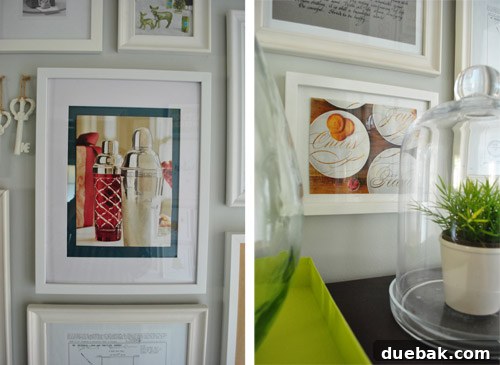 Framed holiday shakers from Pottery Barn and West Elm plates with 'Cheers, Joy, Peace' messaging.