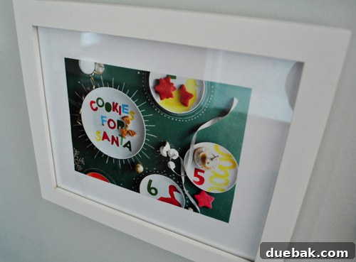 Close-up of framed 'Cookies for Santa' plate, child-proofed for safety.