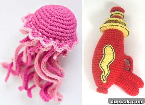 Crocheted jellyfish and ray-gun from Needle Noodles