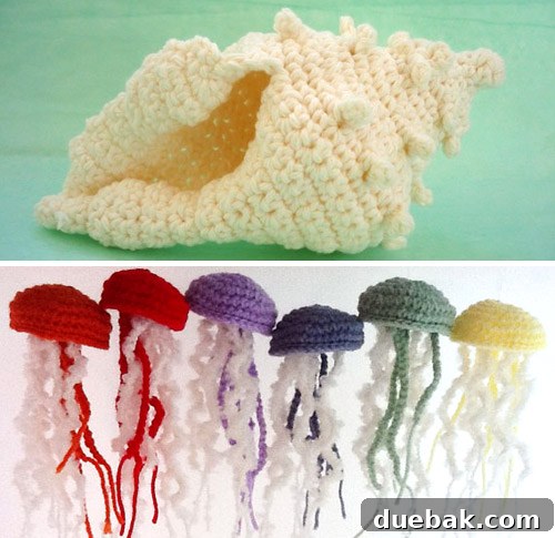Crocheted jellyfish ornaments and conch shell from Lazymuse Productions