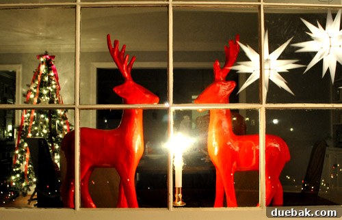 Our Dazzling Outdoor Christmas Display 3 A closer view of the beautifully decorated porch, featuring glossy red reindeer, a glowing window candle, a twinkling Christmas tree in the background, and reflective hanging stars.