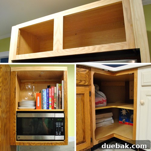 Kitchen cabinets with missing doors, awaiting renovation.
