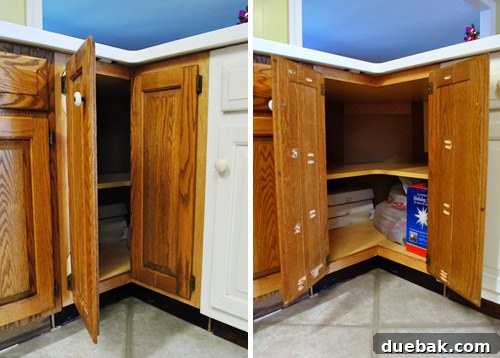 Corner cabinet doors opening, demonstrating full access to interior storage.