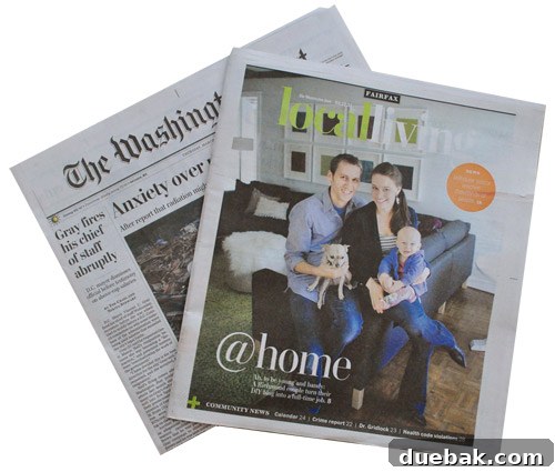 A newspaper cover, likely the Washington Post Local Living section, prominently featuring a home design photo with mugs.