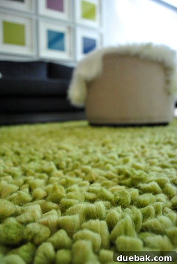 A close-up view of a thick, plush shag rug on the floor of a living room, highlighting its luxurious texture and comfort.