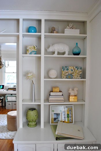 January's Standouts 3 Close-up of newly organized built-in shelves displaying decor items