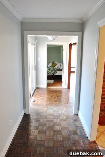 January's Standouts 21 Large living room and wide hallway freshly painted in a soft platinum gray color