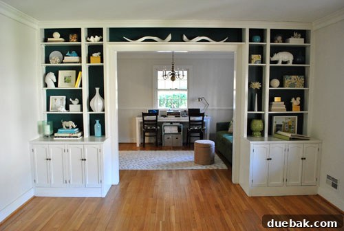 January's Standouts 4 Beautifully painted deep teal built-in shelves with decorative accents