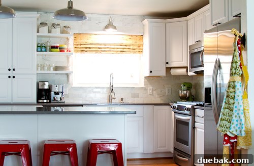 Close-up of marble subway tile backsplash