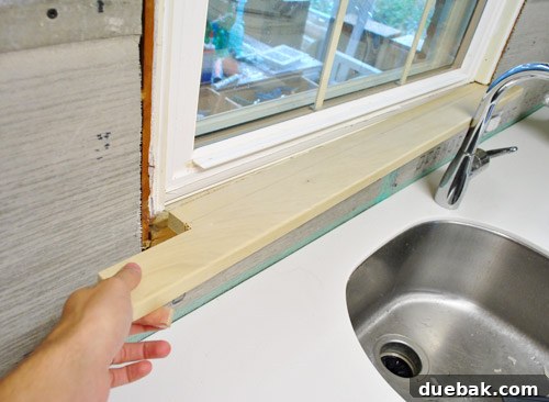 Close-up of newly installed window sill