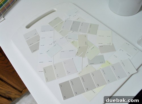 Numerous paint swatches displayed for kitchen cabinet color selection