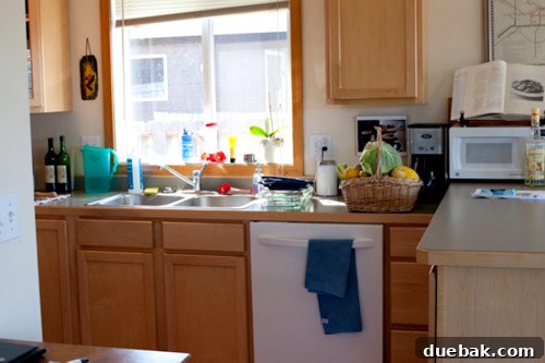 Before kitchen view showing closed-off space and outdated cabinets
