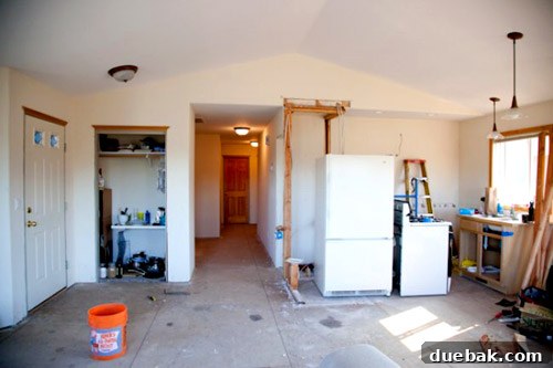 Demolition phase of the kitchen remodel, showing walls removed