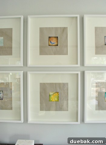 Art frames above sofa, showing full living room context with dog
