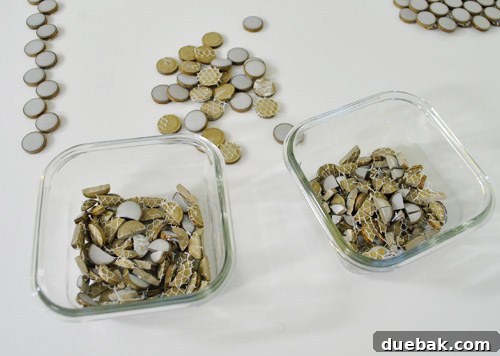 Organized glass dishes with various cut penny tiles for efficient installation