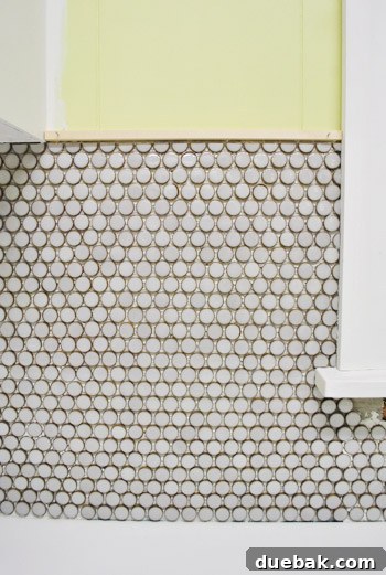 Detail shot showing the temporary craft wood trim capping the edge of the penny tile backsplash