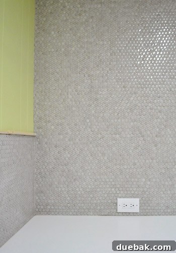 Newly grouted penny tile backsplash awaiting a range hood and open shelves, ready for decorative display.