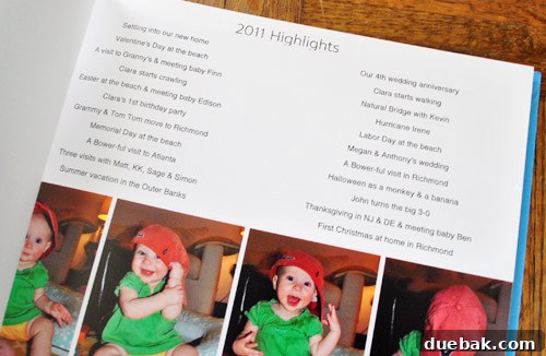 Photo book's opening page with a summary text and collage of family highlights from the year