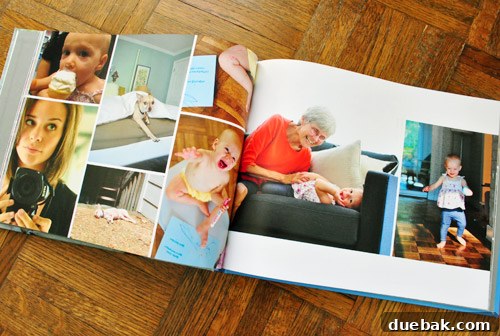 Photo book pages dedicated to Burger, the family dog, featuring a montage of his playful moments