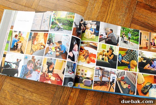 Photo book spread showing a sequence of photos from a 'Day In The Life' blogiversary post, documenting daily routines