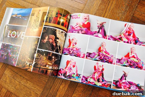 Photo book pages featuring Christmas photos and a collage of holiday card outtakes, capturing festive family moments