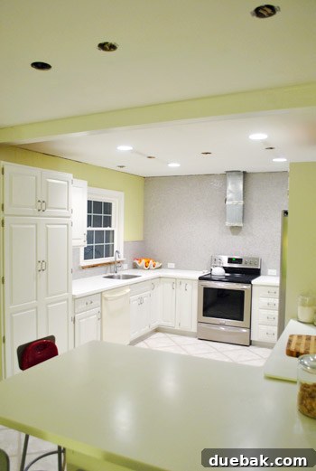 Kitchen reassembled after initial work, pre-major lighting changes, showing new counters and cabinets