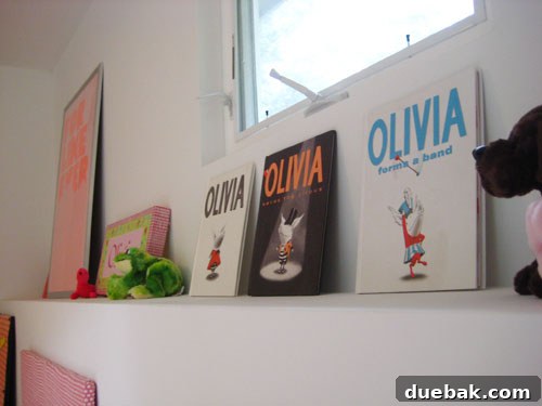 Olivia's room after makeover, close-up of the built-in shelf with books