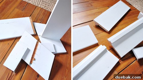 The shoe rack disassembled, with the shelves cut to a shorter length for repurposing.