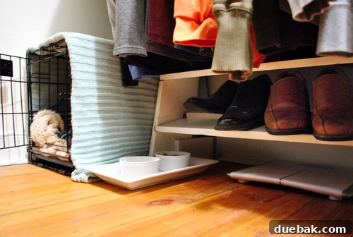 Burger's crate perfectly fits into the corner of the closet after the shoe rack modification.