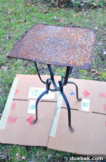 A rusted thrift store table, awaiting a creative transformation for the book.