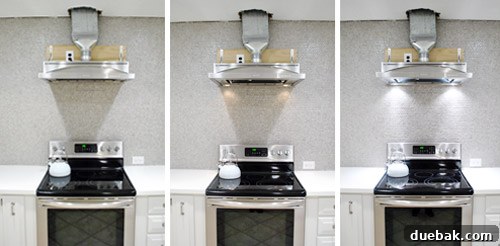 Range hood with lights on, viewed from below