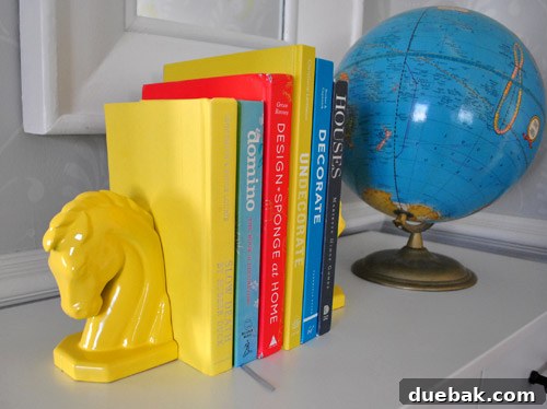 DIY Bookends: A Burst of Color 8 A wider shot of the yellow horse head bookends integrated into a room's decor, surrounded by books and other decorative items.