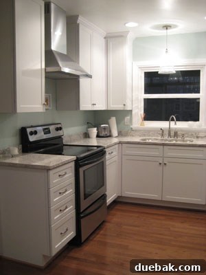 From Drab to Fab: Our Kitchen Renovation 3 Left side of new kitchen with sleek stainless steel range hood and custom cabinetry