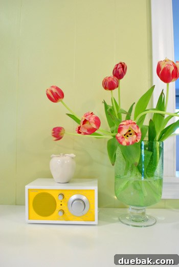A beautifully composed shot of flowers and a radio on a pristine kitchen counter, subtly contrasting with the unseen chaos of a renovation behind the camera.