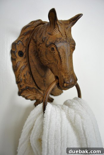 Another view of the iron horse towel hook in the bathroom, showing its details and texture.