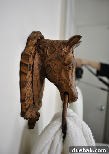 A hand towel hanging gracefully from the vintage iron horse hook in the bathroom.