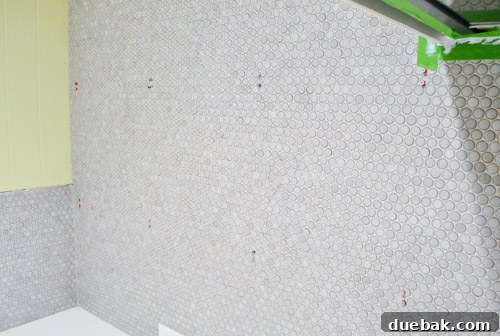 A close-up view of multiple screws precisely embedded in the tiled wall, marking the progress of shelf installation.
