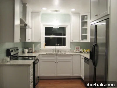 Beautifully remodeled kitchen showcasing new cabinets, countertops, and lighting.