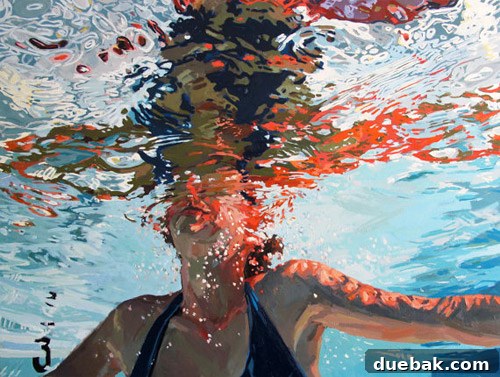 A closer view of the framed 'swimming woman' art print, highlighting the intricate details of the oil painting reproduction and its seamless integration into the kitchen design.