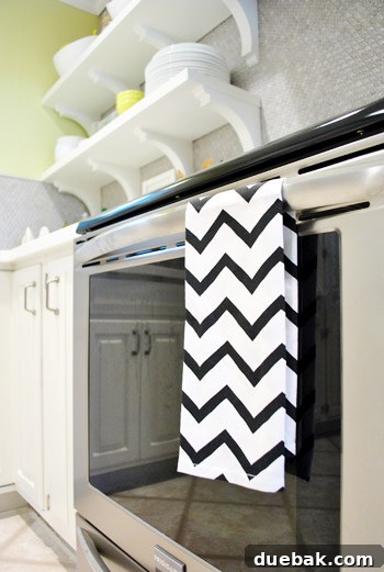 Black and white chevron dish towel with penny tiles