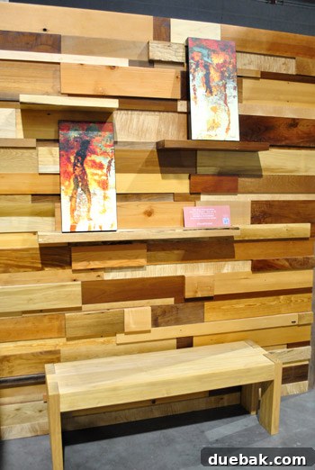 Display wall made entirely from locally reclaimed wood, showcasing sustainable design