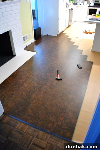 Partially installed cork floor showing progress