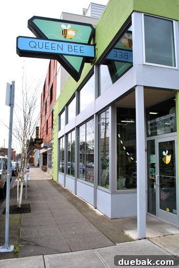 Exterior of Queen Bee Creations, a shop with bee-themed textiles