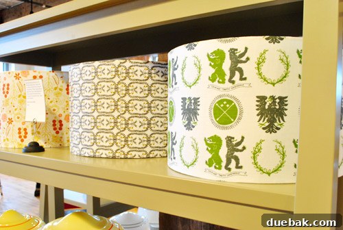 Printed lamp shades on display at Schoolhouse Electric