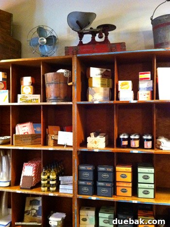 Rustic shelves at Salt & Straw with retro products like soaps and stationery