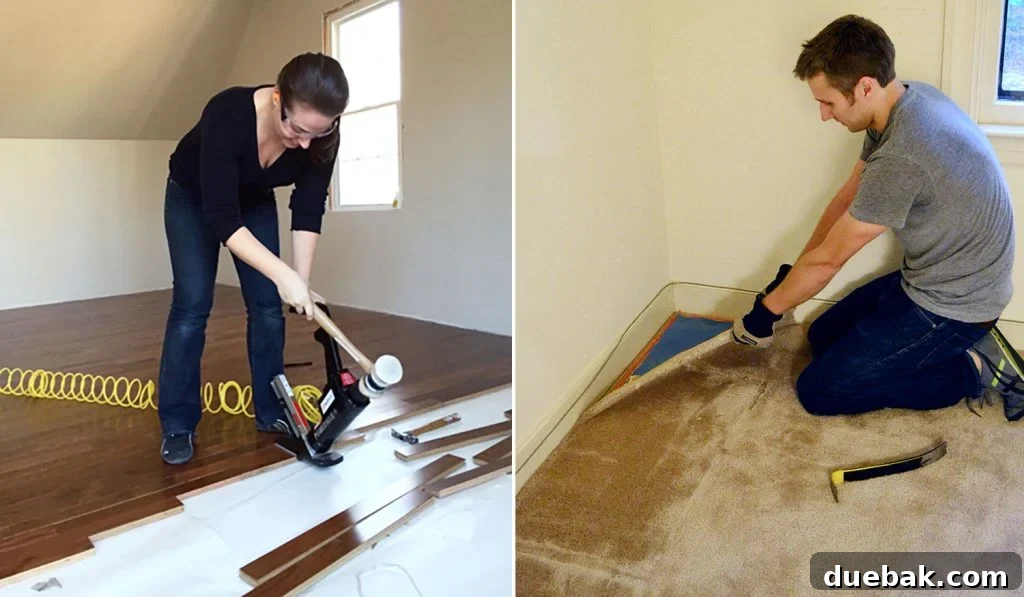 Sherry and John working together on a flooring project, side by side, showcasing teamwork.