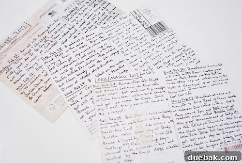 A handwritten postcard with details of a travel day, capturing memories and observations.